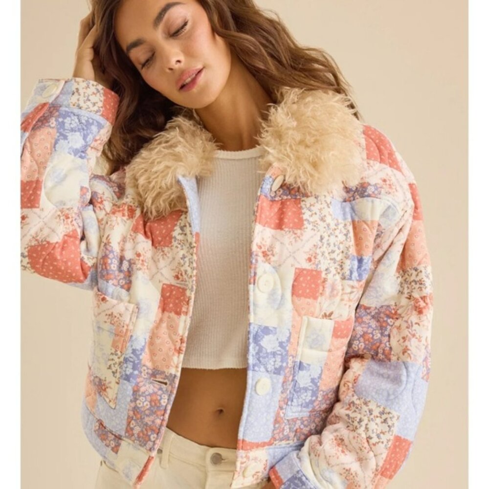 Altar'd State Multicolor Patchwork Teddy Jacket N… - image 1